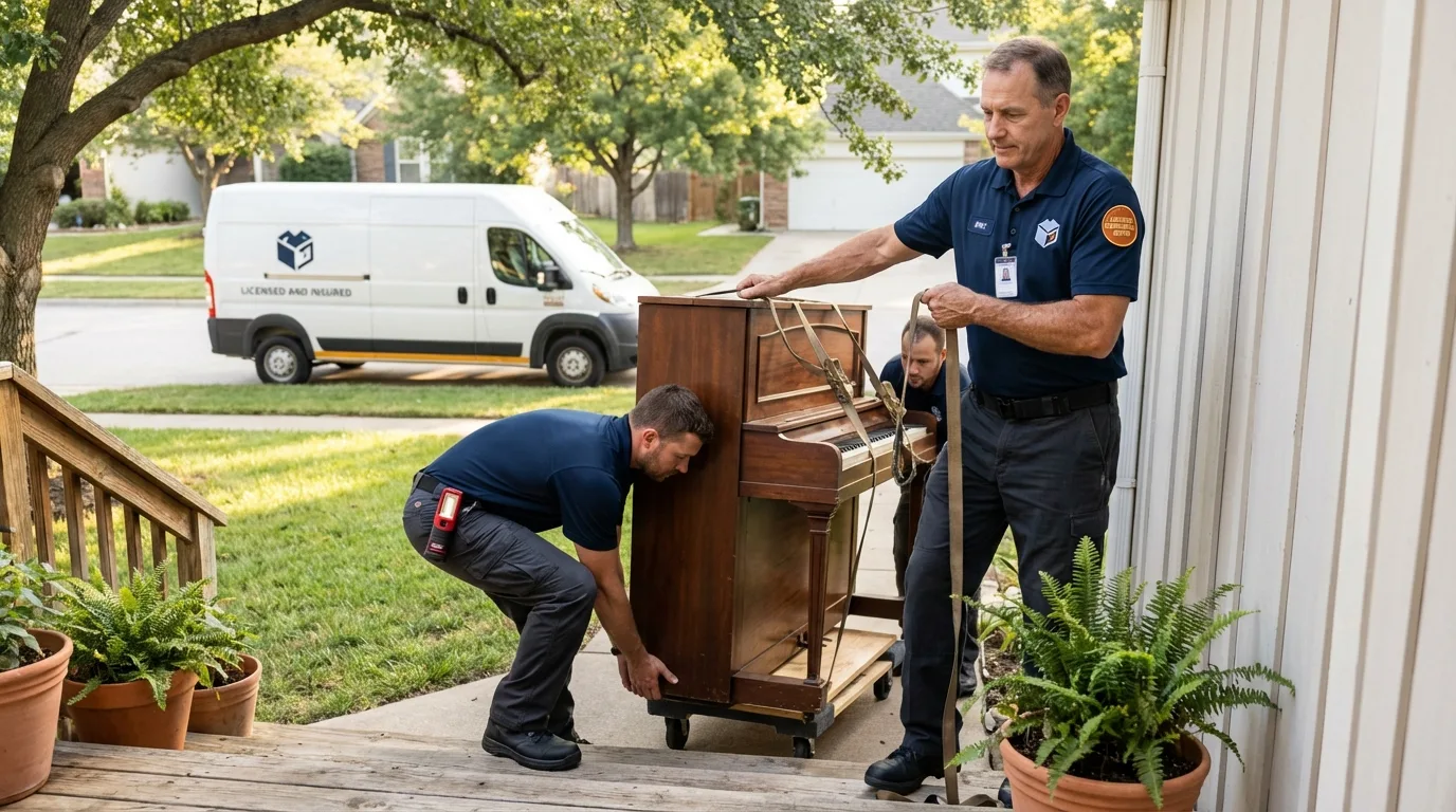 Licensed piano movers securing grand piano in Sheridan, WY