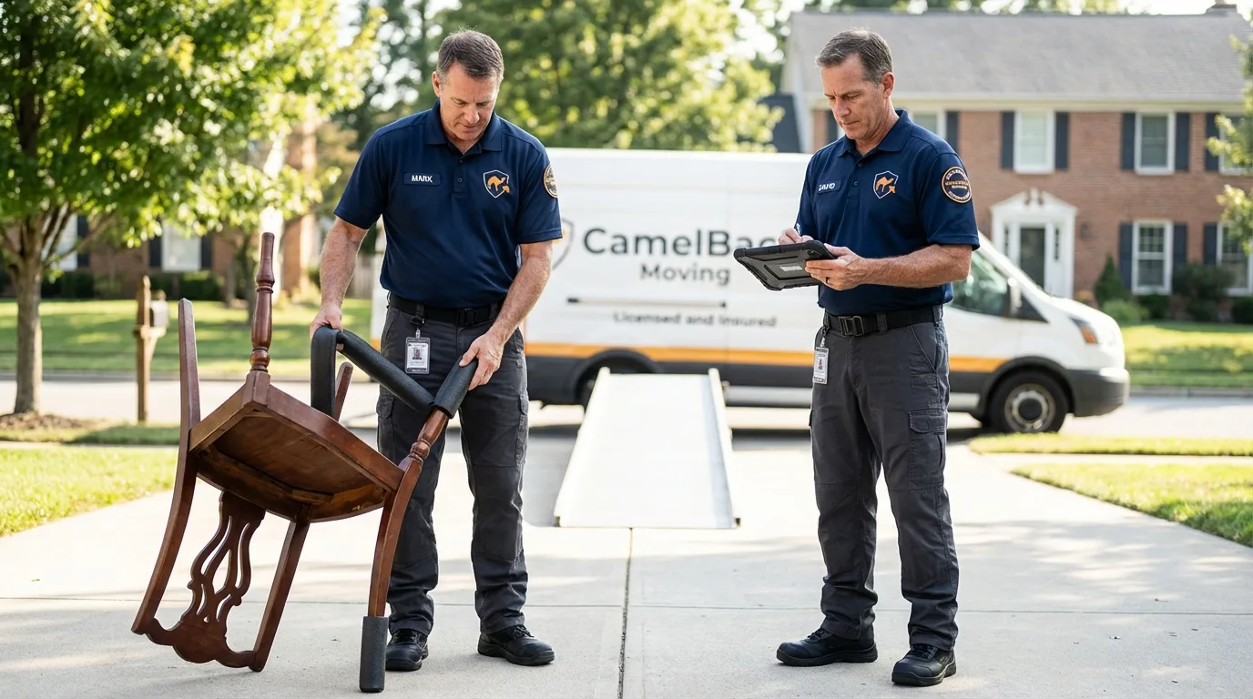 Movers inspecting furniture for damage prevention before loading in Sheridan, WY