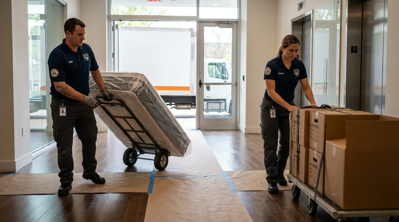 Professional apartment movers loading elevator in Sheridan, WY