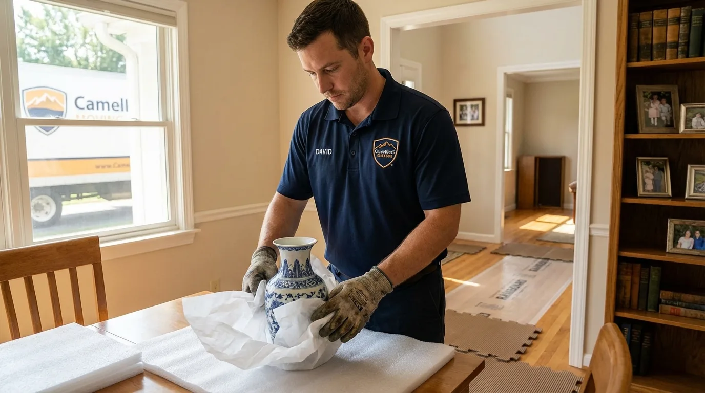 Professional crew carefully wrapping antique vase for senior downsizing move in Sheridan, WY